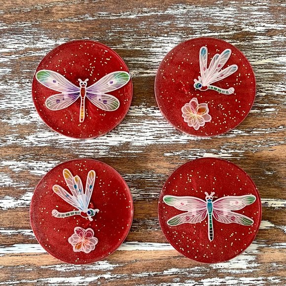 Dragonfly Glitter Resin Drink Coasters Set of 4 House Housewarming Gift Table - Picture 7 of 7
